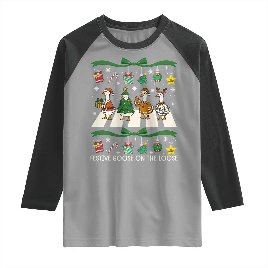 Festive Goose On The Loose Christmas Raglan Shirt Cute Xmas Duck Silly Gooses Coquette Bow - Wonder Print Shop