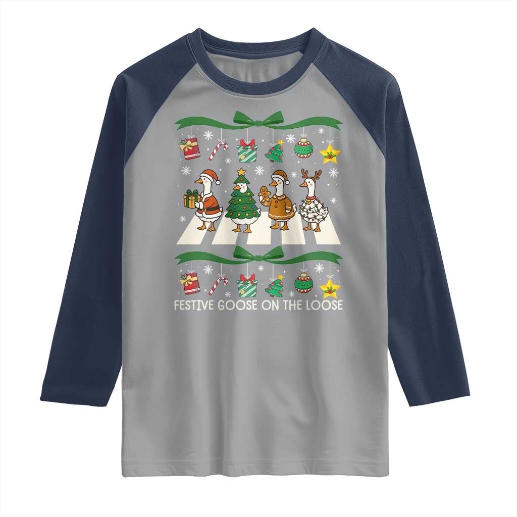 Festive Goose On The Loose Christmas Raglan Shirt Cute Xmas Duck Silly Gooses Coquette Bow - Wonder Print Shop