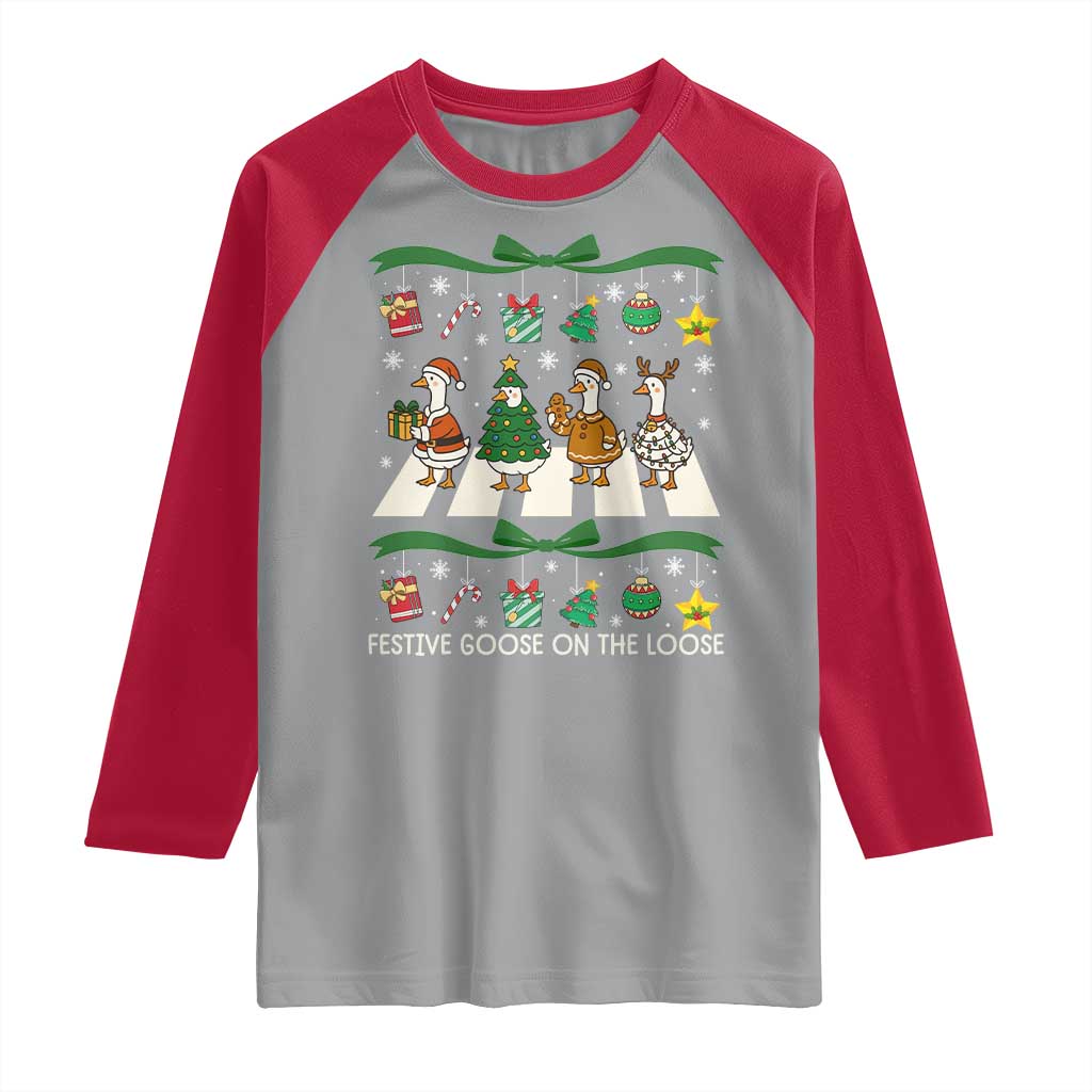Festive Goose On The Loose Christmas Raglan Shirt Cute Xmas Duck Silly Gooses Coquette Bow - Wonder Print Shop