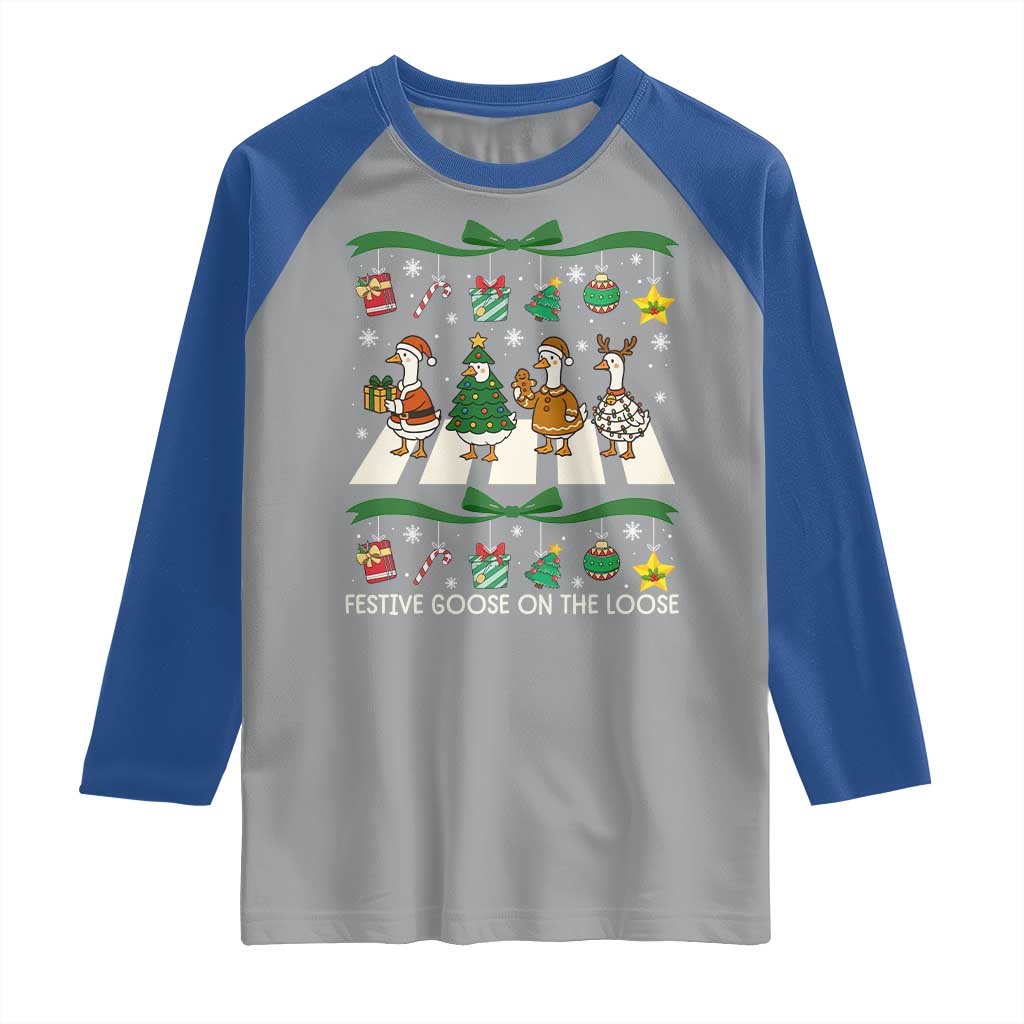 Festive Goose On The Loose Christmas Raglan Shirt Cute Xmas Duck Silly Gooses Coquette Bow - Wonder Print Shop
