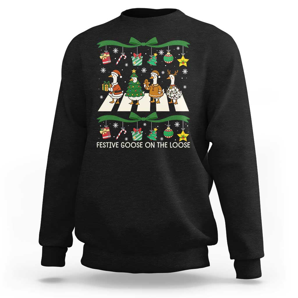 Festive Goose On The Loose Christmas Sweatshirt Cute Xmas Duck Silly Gooses Coquette Bow - Wonder Print Shop
