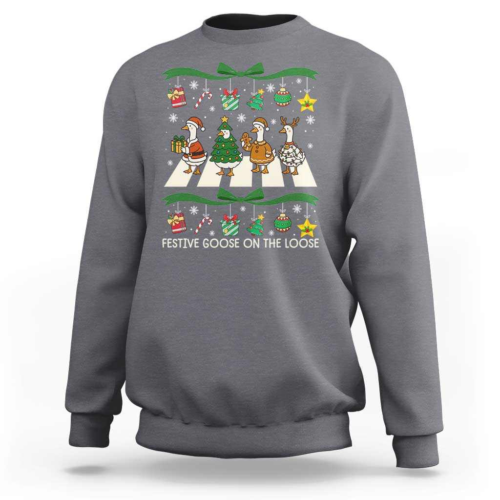 Festive Goose On The Loose Christmas Sweatshirt Cute Xmas Duck Silly Gooses Coquette Bow - Wonder Print Shop