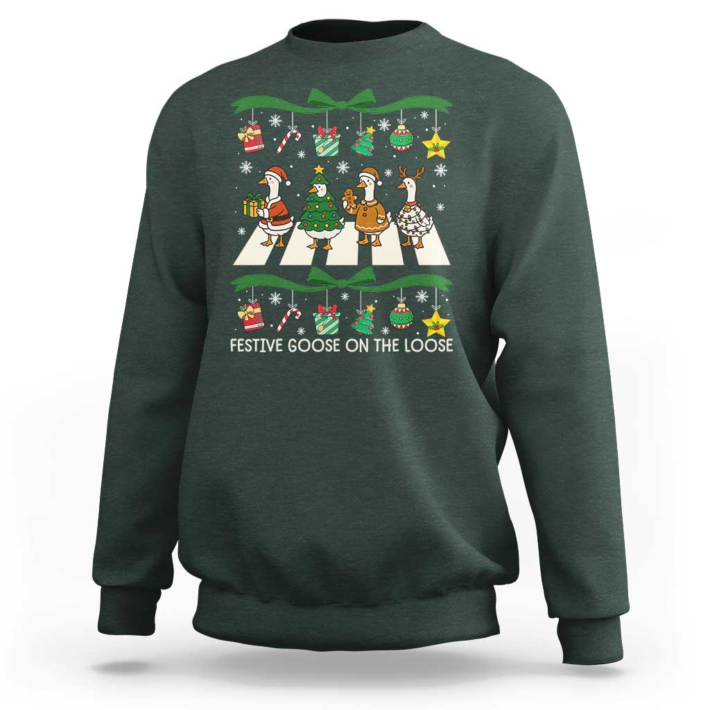 Festive Goose On The Loose Christmas Sweatshirt Cute Xmas Duck Silly Gooses Coquette Bow - Wonder Print Shop