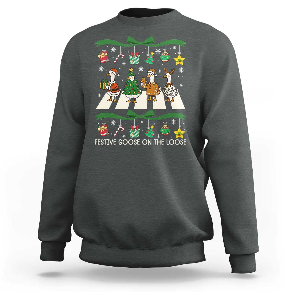 Festive Goose On The Loose Christmas Sweatshirt Cute Xmas Duck Silly Gooses Coquette Bow - Wonder Print Shop
