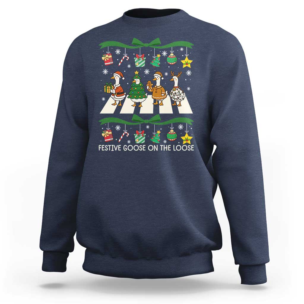 Festive Goose On The Loose Christmas Sweatshirt Cute Xmas Duck Silly Gooses Coquette Bow - Wonder Print Shop