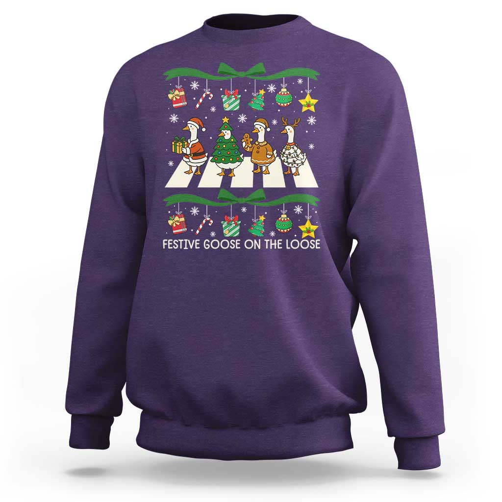 Festive Goose On The Loose Christmas Sweatshirt Cute Xmas Duck Silly Gooses Coquette Bow - Wonder Print Shop