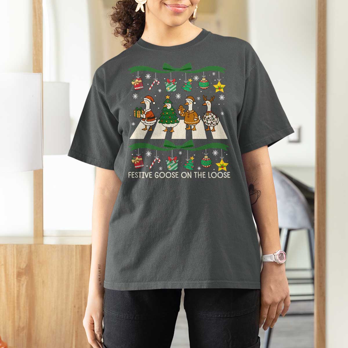 Festive Goose On The Loose Christmas T Shirt For Women Cute Xmas Duck Silly Gooses Coquette Bow - Wonder Print Shop
