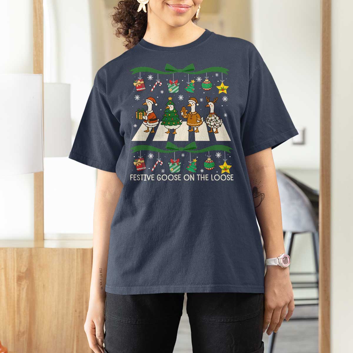 Festive Goose On The Loose Christmas T Shirt For Women Cute Xmas Duck Silly Gooses Coquette Bow - Wonder Print Shop