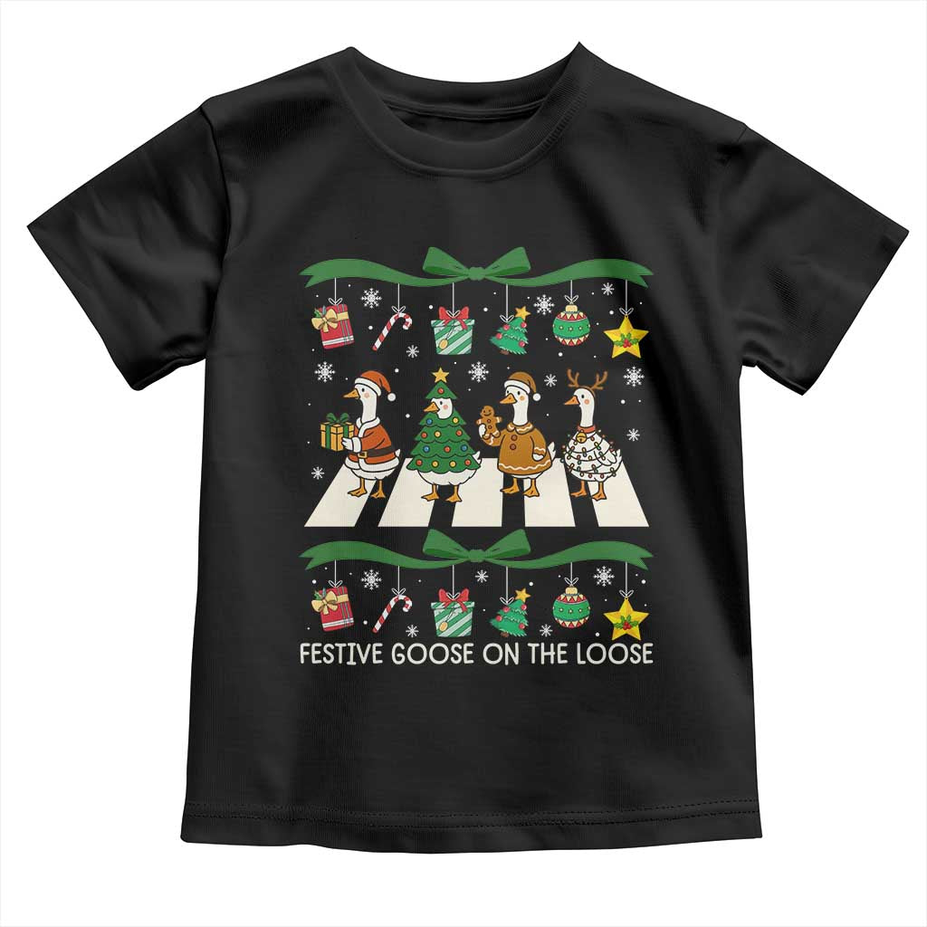 Festive Goose On The Loose Christmas Toddler T Shirt Cute Xmas Duck Silly Gooses Coquette Bow - Wonder Print Shop