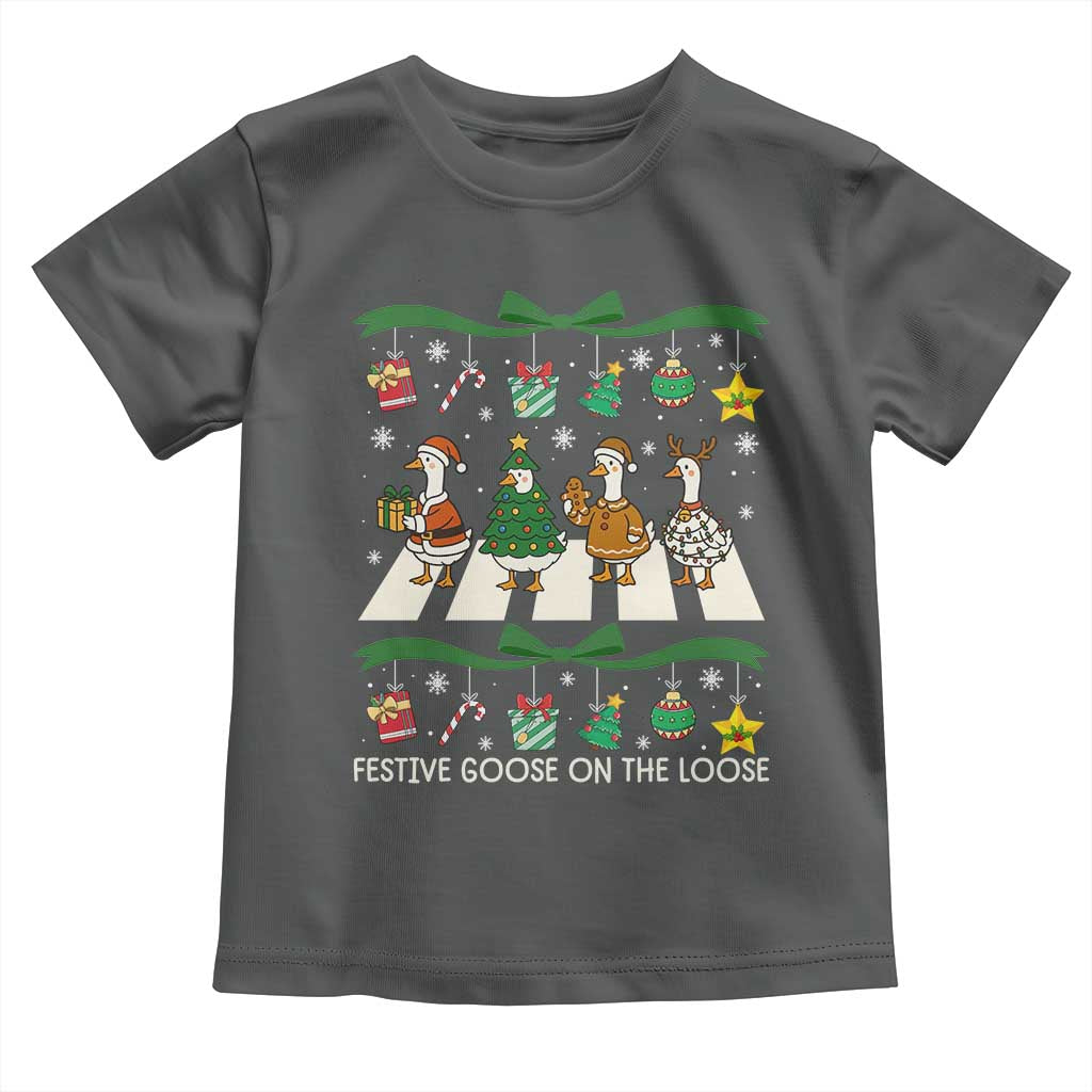 Festive Goose On The Loose Christmas Toddler T Shirt Cute Xmas Duck Silly Gooses Coquette Bow - Wonder Print Shop