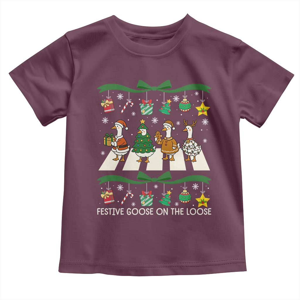 Festive Goose On The Loose Christmas Toddler T Shirt Cute Xmas Duck Silly Gooses Coquette Bow - Wonder Print Shop