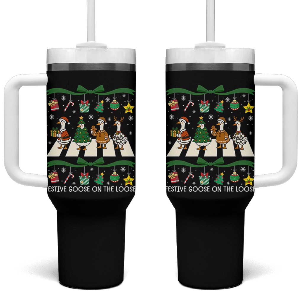 Festive Goose On The Loose Christmas Tumbler With Handle Cute Xmas Duck Silly Gooses Coquette Bow - Wonder Print Shop