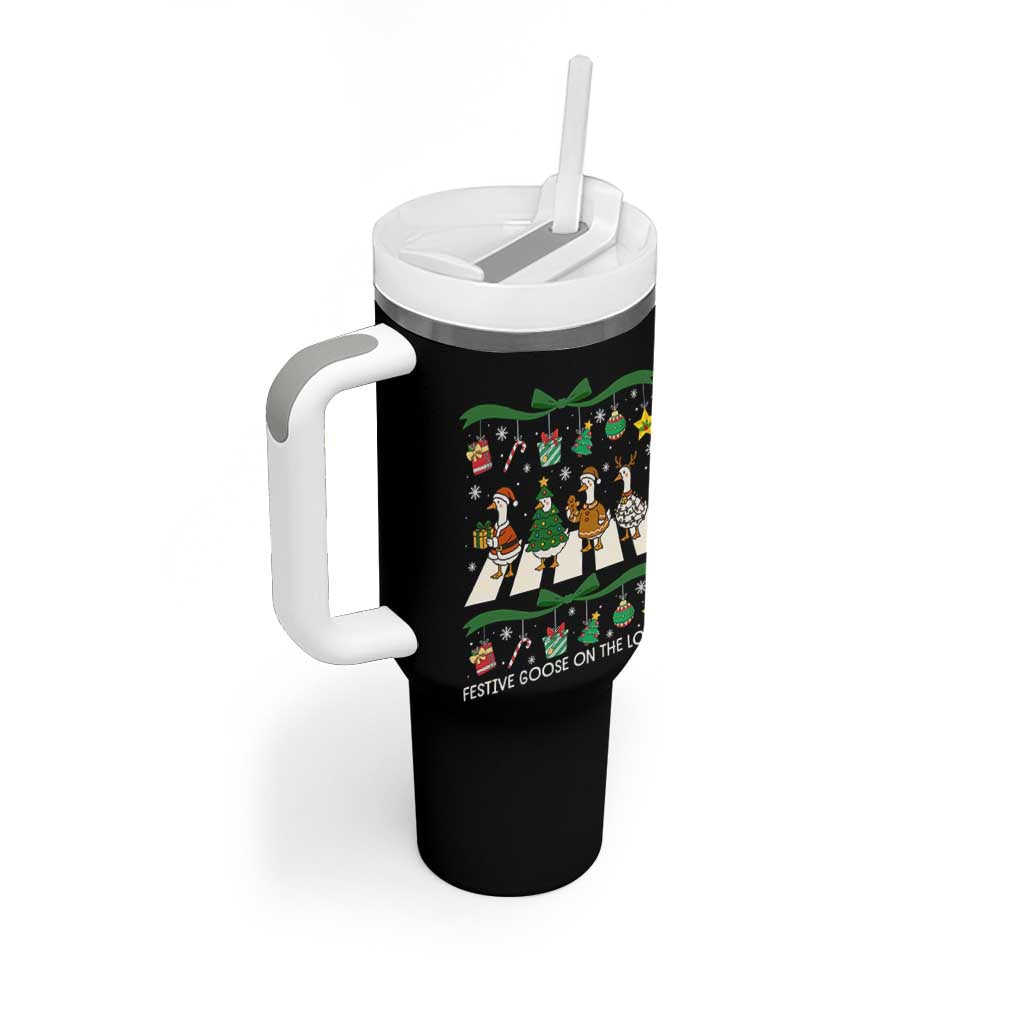 Festive Goose On The Loose Christmas Tumbler With Handle Cute Xmas Duck Silly Gooses Coquette Bow - Wonder Print Shop
