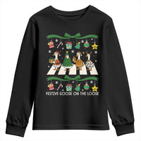 Festive Goose On The Loose Christmas Youth Sweatshirt Cute Xmas Duck Silly Gooses Coquette Bow - Wonder Print Shop