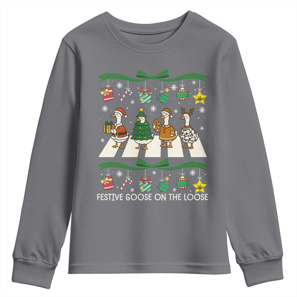 Festive Goose On The Loose Christmas Youth Sweatshirt Cute Xmas Duck Silly Gooses Coquette Bow - Wonder Print Shop
