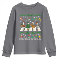 Festive Goose On The Loose Christmas Youth Sweatshirt Cute Xmas Duck Silly Gooses Coquette Bow - Wonder Print Shop