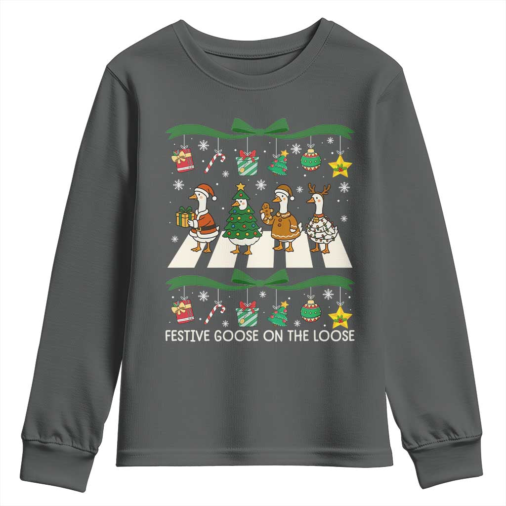 Festive Goose On The Loose Christmas Youth Sweatshirt Cute Xmas Duck Silly Gooses Coquette Bow - Wonder Print Shop