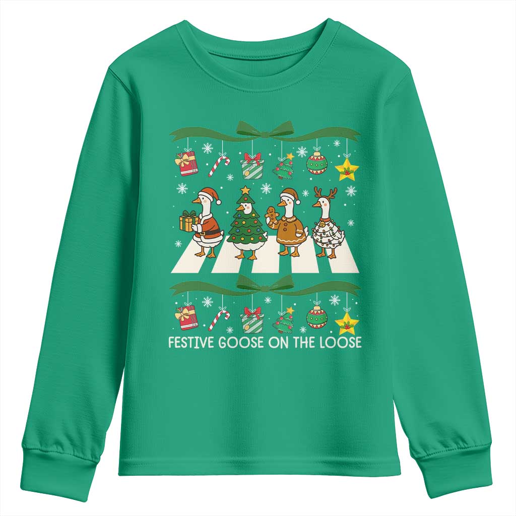 Festive Goose On The Loose Christmas Youth Sweatshirt Cute Xmas Duck Silly Gooses Coquette Bow - Wonder Print Shop