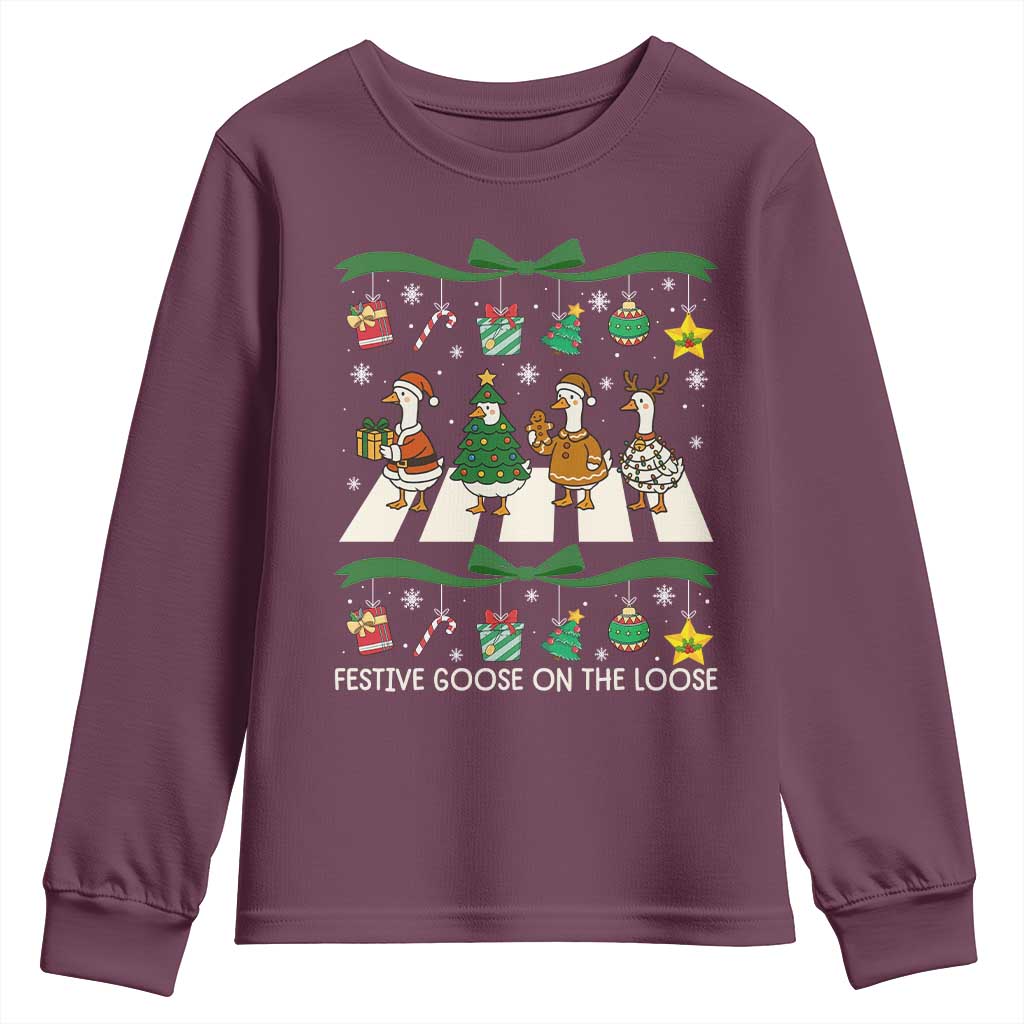 Festive Goose On The Loose Christmas Youth Sweatshirt Cute Xmas Duck Silly Gooses Coquette Bow - Wonder Print Shop