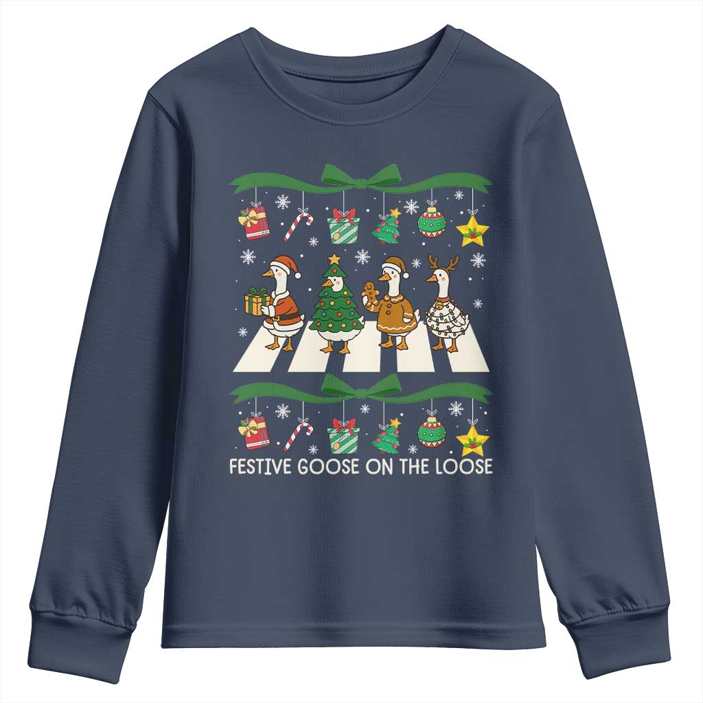Festive Goose On The Loose Christmas Youth Sweatshirt Cute Xmas Duck Silly Gooses Coquette Bow - Wonder Print Shop