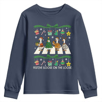 Festive Goose On The Loose Christmas Youth Sweatshirt Cute Xmas Duck Silly Gooses Coquette Bow - Wonder Print Shop