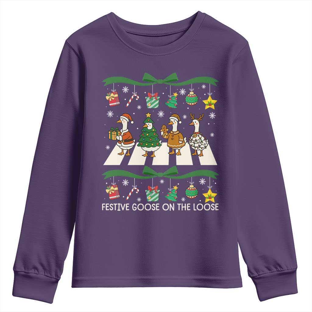 Festive Goose On The Loose Christmas Youth Sweatshirt Cute Xmas Duck Silly Gooses Coquette Bow - Wonder Print Shop