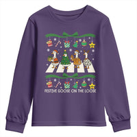 Festive Goose On The Loose Christmas Youth Sweatshirt Cute Xmas Duck Silly Gooses Coquette Bow - Wonder Print Shop