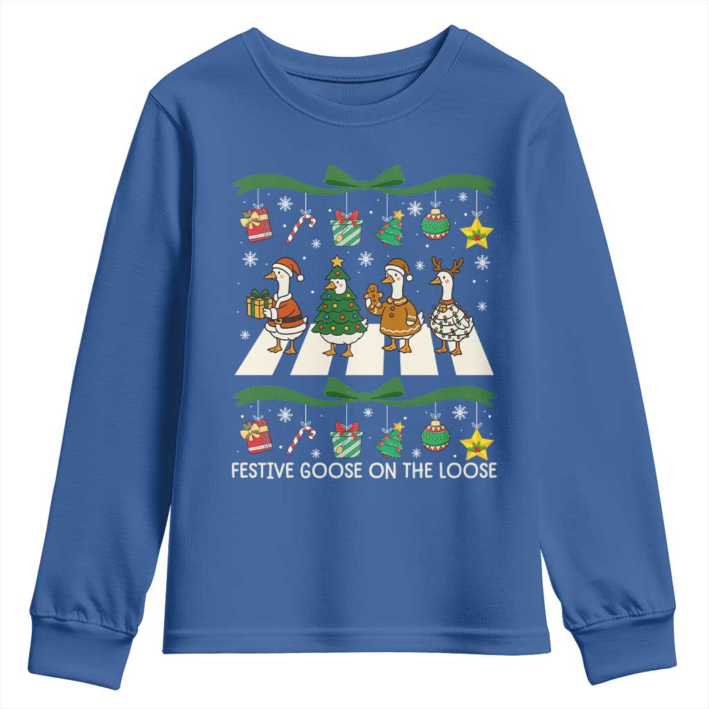 Festive Goose On The Loose Christmas Youth Sweatshirt Cute Xmas Duck Silly Gooses Coquette Bow - Wonder Print Shop