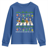 Festive Goose On The Loose Christmas Youth Sweatshirt Cute Xmas Duck Silly Gooses Coquette Bow - Wonder Print Shop