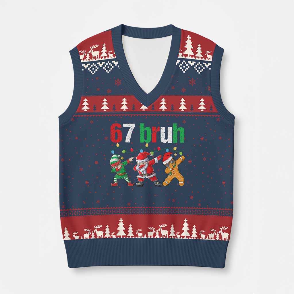 67 Xmas V-Neck Knit Sweater Vest Funny Six Seven Bruh Dabbing Santa Meme Pajamas - Wonder Print Shop