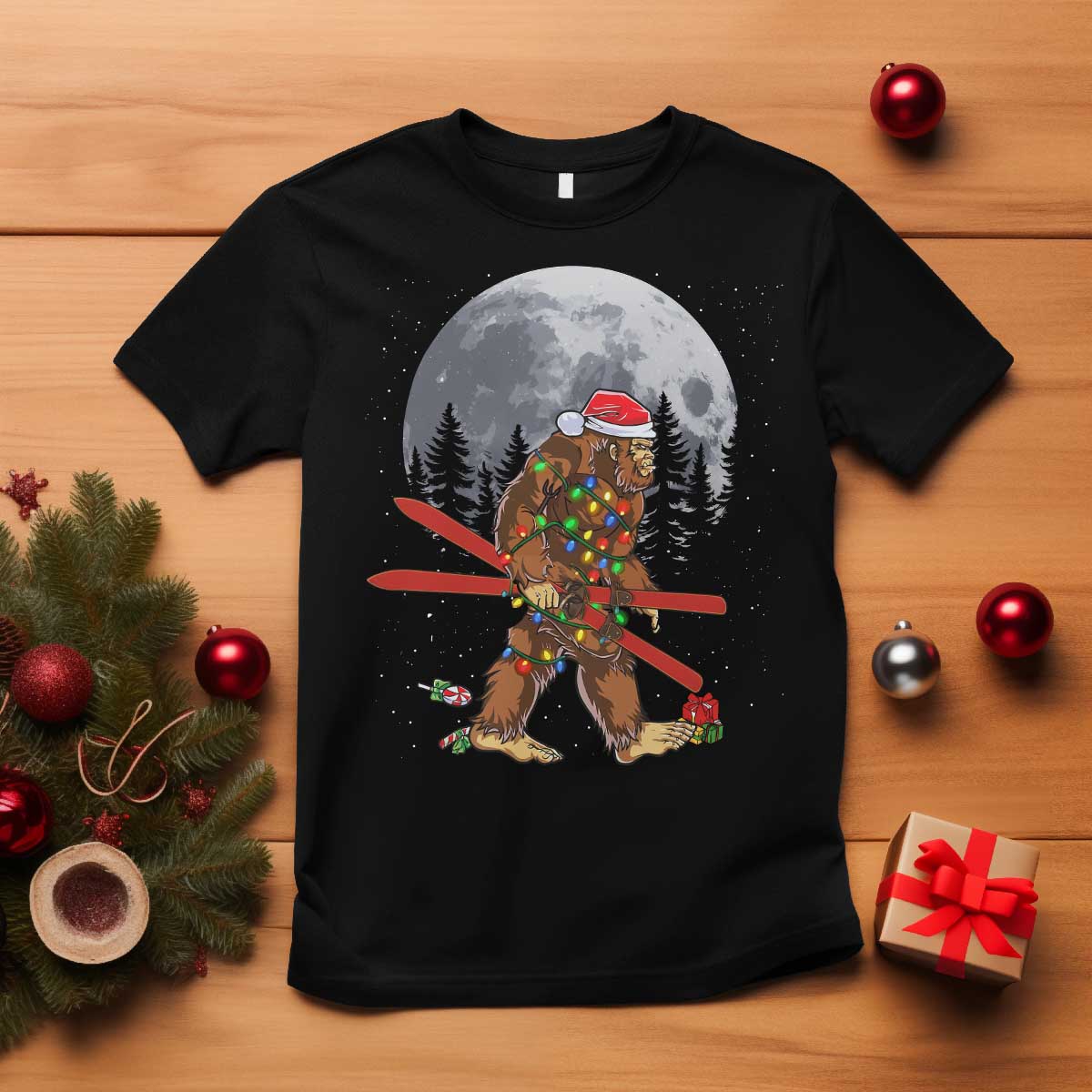 Santa Bigfoot Christmas T Shirt Funny Sasquatch Skiing Snowboard Ski Lover Skier - Wonder Print Shop