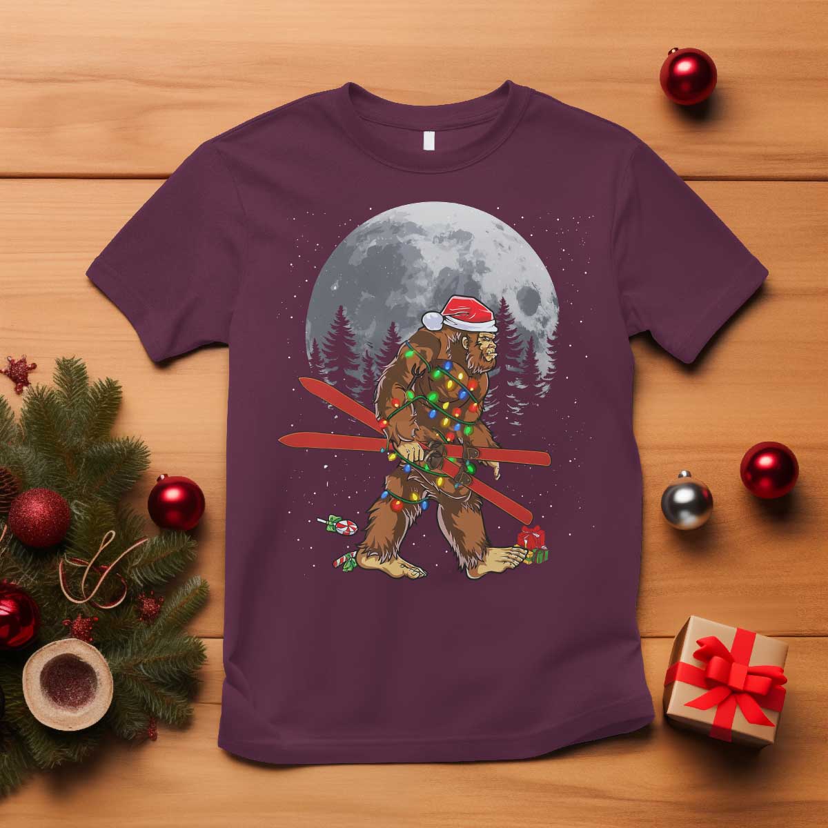 Santa Bigfoot Christmas T Shirt Funny Sasquatch Skiing Snowboard Ski Lover Skier - Wonder Print Shop