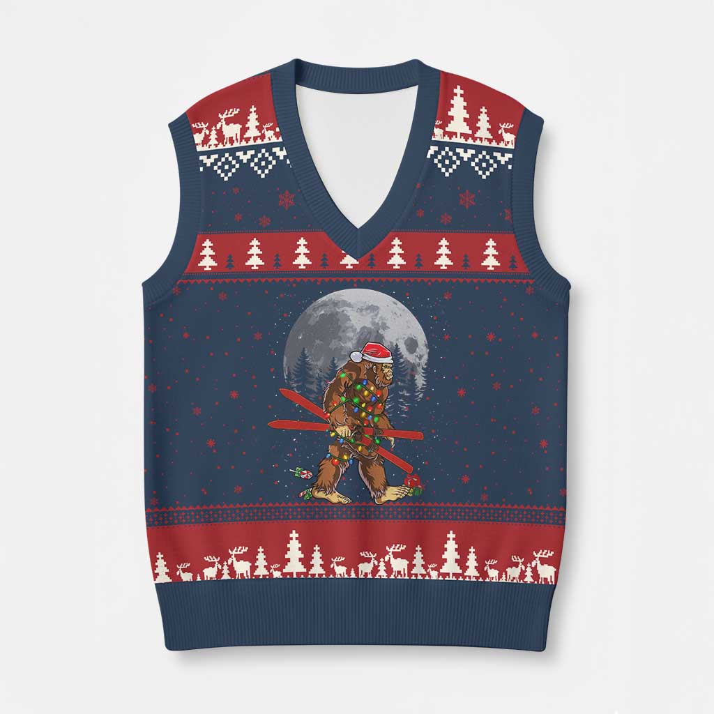 Santa Bigfoot Xmas V-Neck Knit Sweater Vest Funny Sasquatch Skiing Snowboard Ski Lover Skier - Wonder Print Shop