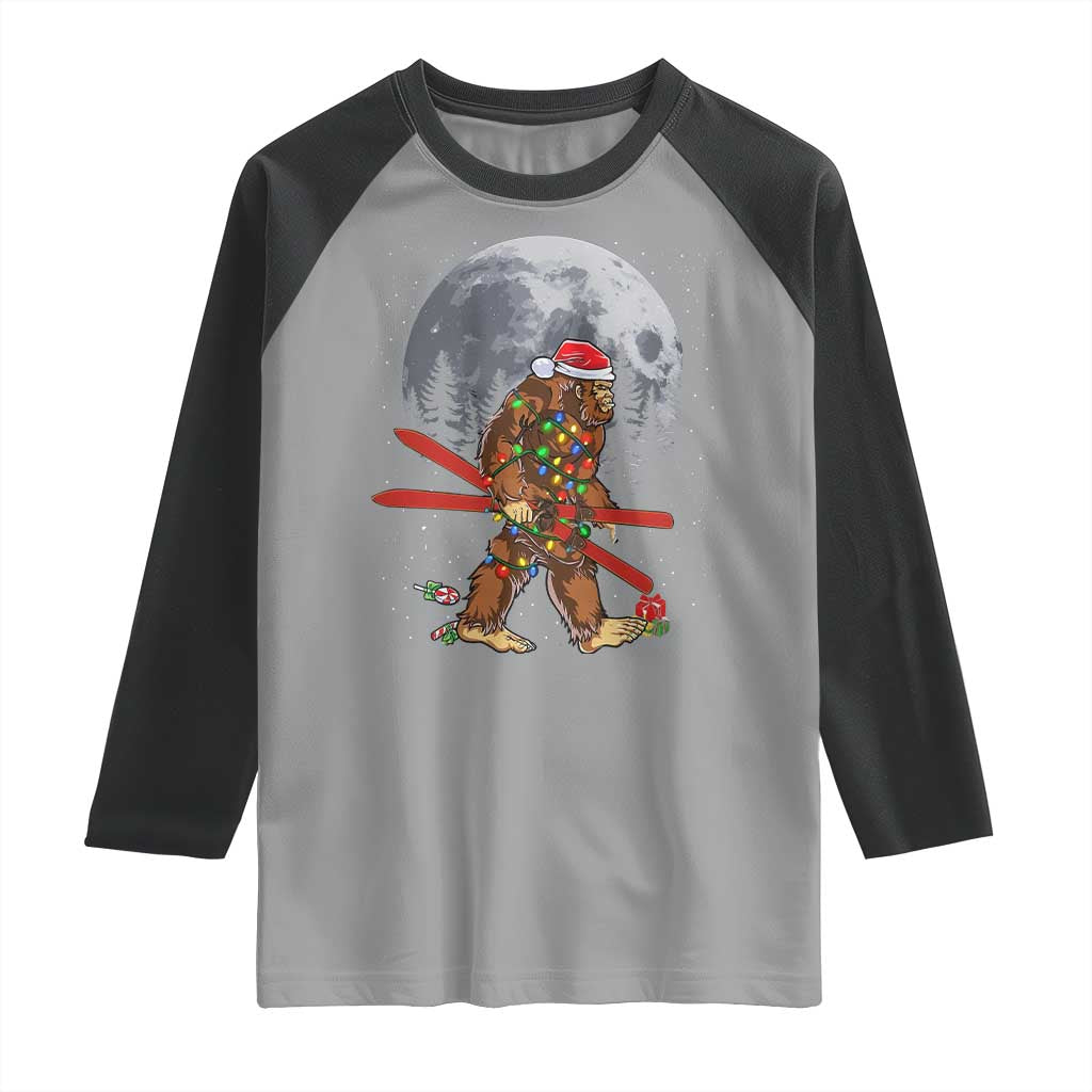 Santa Bigfoot Christmas Raglan Shirt Funny Sasquatch Skiing Snowboard Ski Lover Skier - Wonder Print Shop
