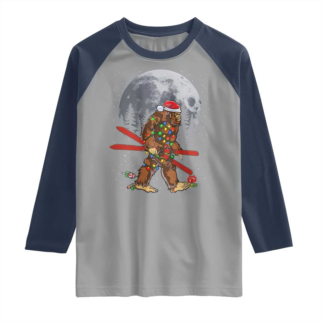 Santa Bigfoot Christmas Raglan Shirt Funny Sasquatch Skiing Snowboard Ski Lover Skier - Wonder Print Shop