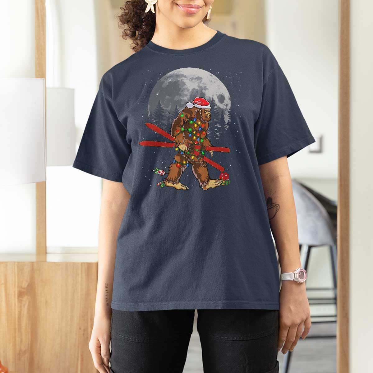 Santa Bigfoot Christmas T Shirt For Women Funny Sasquatch Skiing Snowboard Ski Lover Skier - Wonder Print Shop