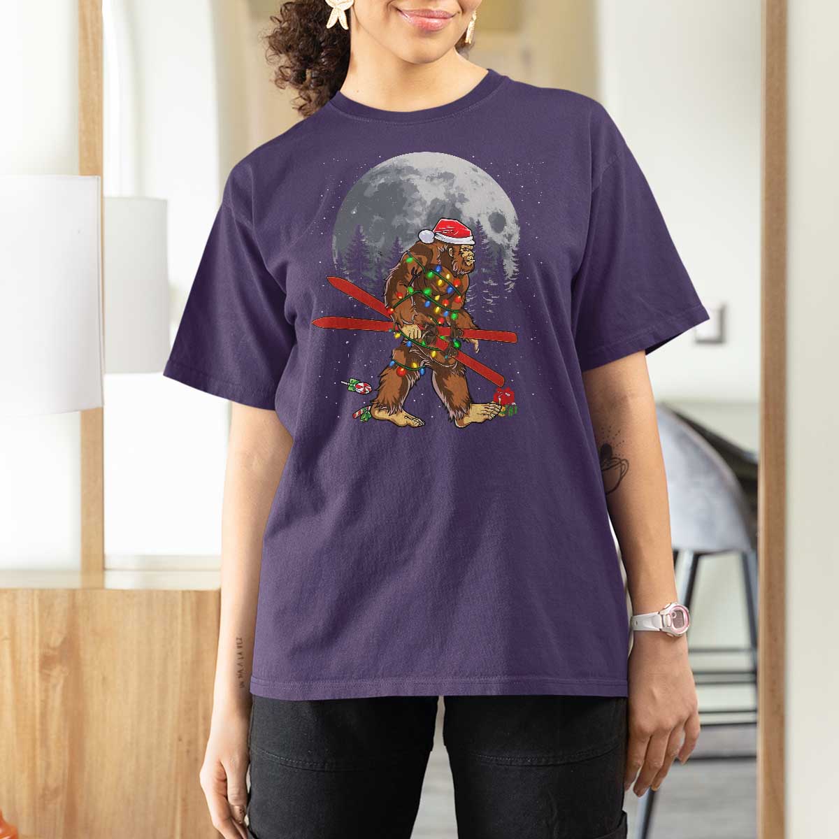 Santa Bigfoot Christmas T Shirt For Women Funny Sasquatch Skiing Snowboard Ski Lover Skier - Wonder Print Shop