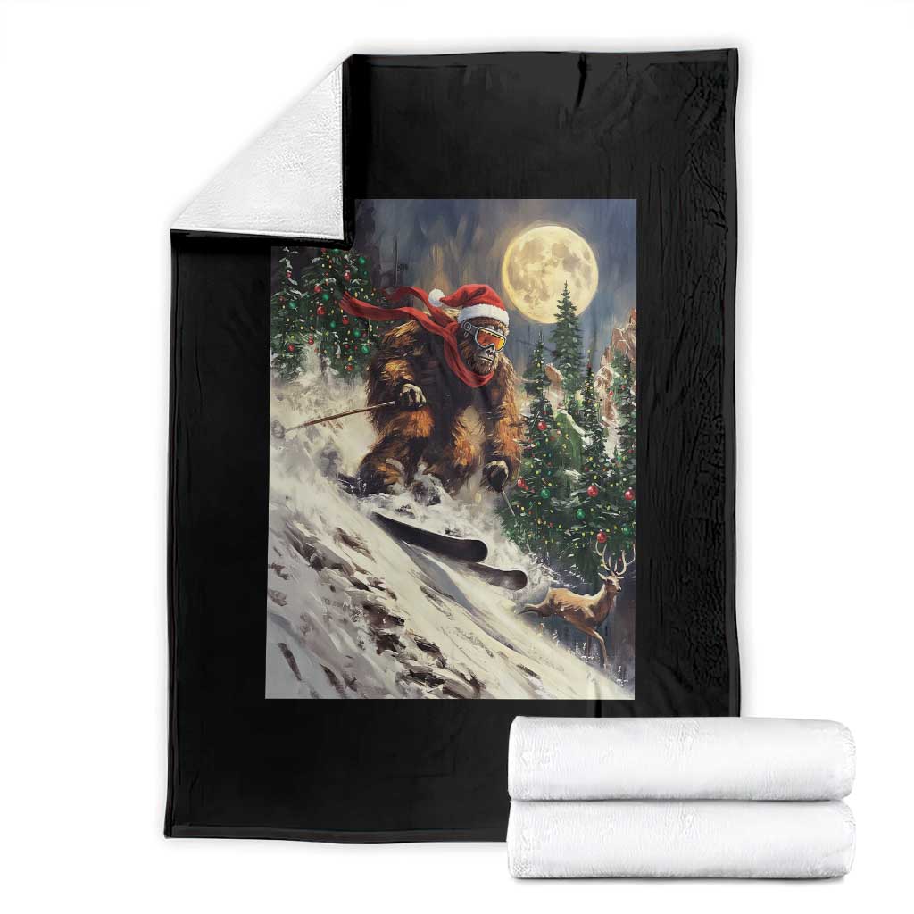 Christmas Bigfoot Skiing Throw Blanket Funny Santa Sasquatch Snowboard Ski Lover Skier - Wonder Print Shop