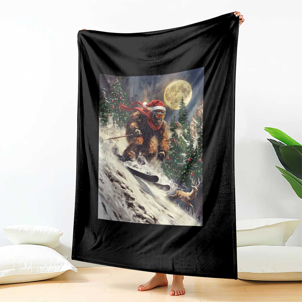 Christmas Bigfoot Skiing Throw Blanket Funny Santa Sasquatch Snowboard Ski Lover Skier - Wonder Print Shop