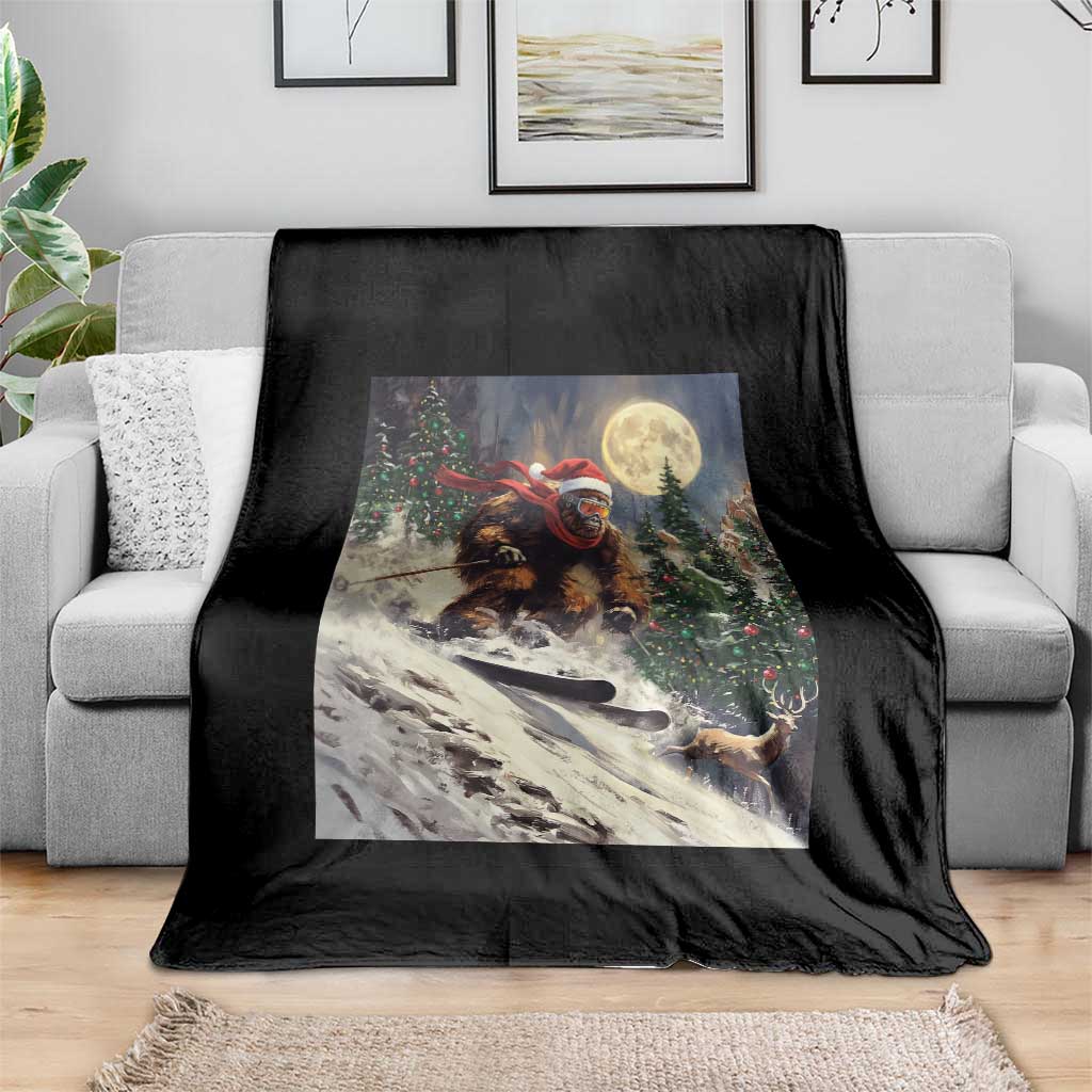 Christmas Bigfoot Skiing Throw Blanket Funny Santa Sasquatch Snowboard Ski Lover Skier - Wonder Print Shop