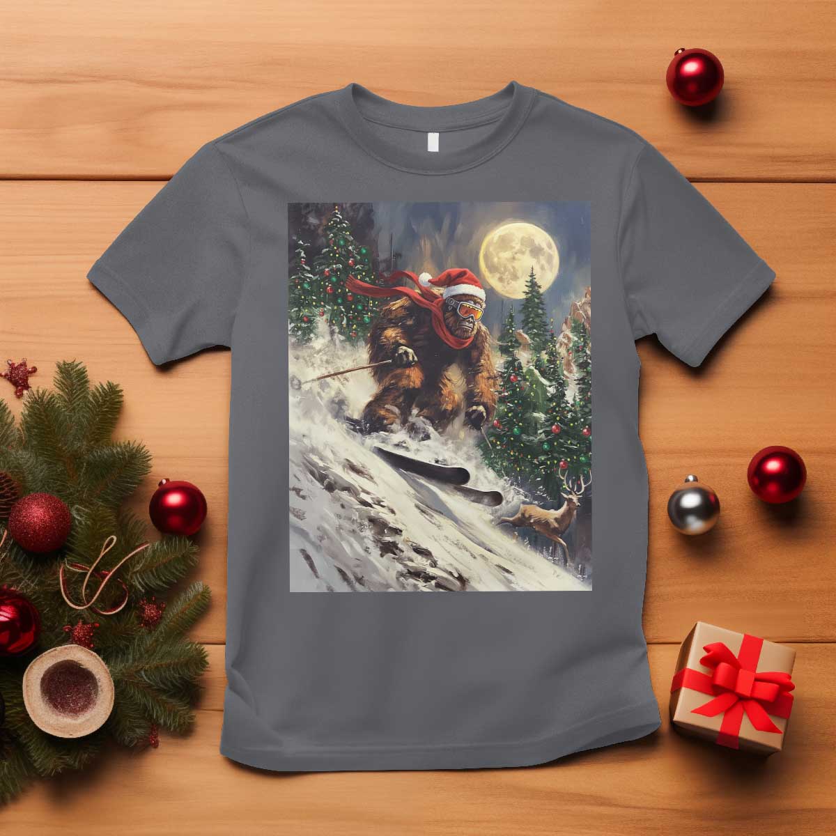 Christmas Bigfoot Skiing T Shirt Funny Santa Sasquatch Snowboard Ski Lover Skier - Wonder Print Shop