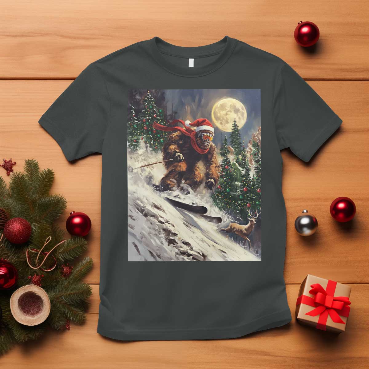 Christmas Bigfoot Skiing T Shirt Funny Santa Sasquatch Snowboard Ski Lover Skier - Wonder Print Shop