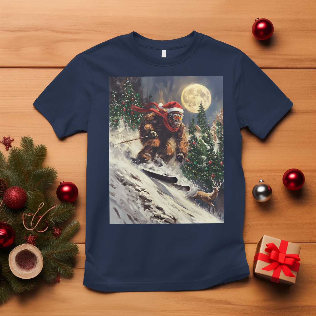 Christmas Bigfoot Skiing T Shirt Funny Santa Sasquatch Snowboard Ski Lover Skier - Wonder Print Shop