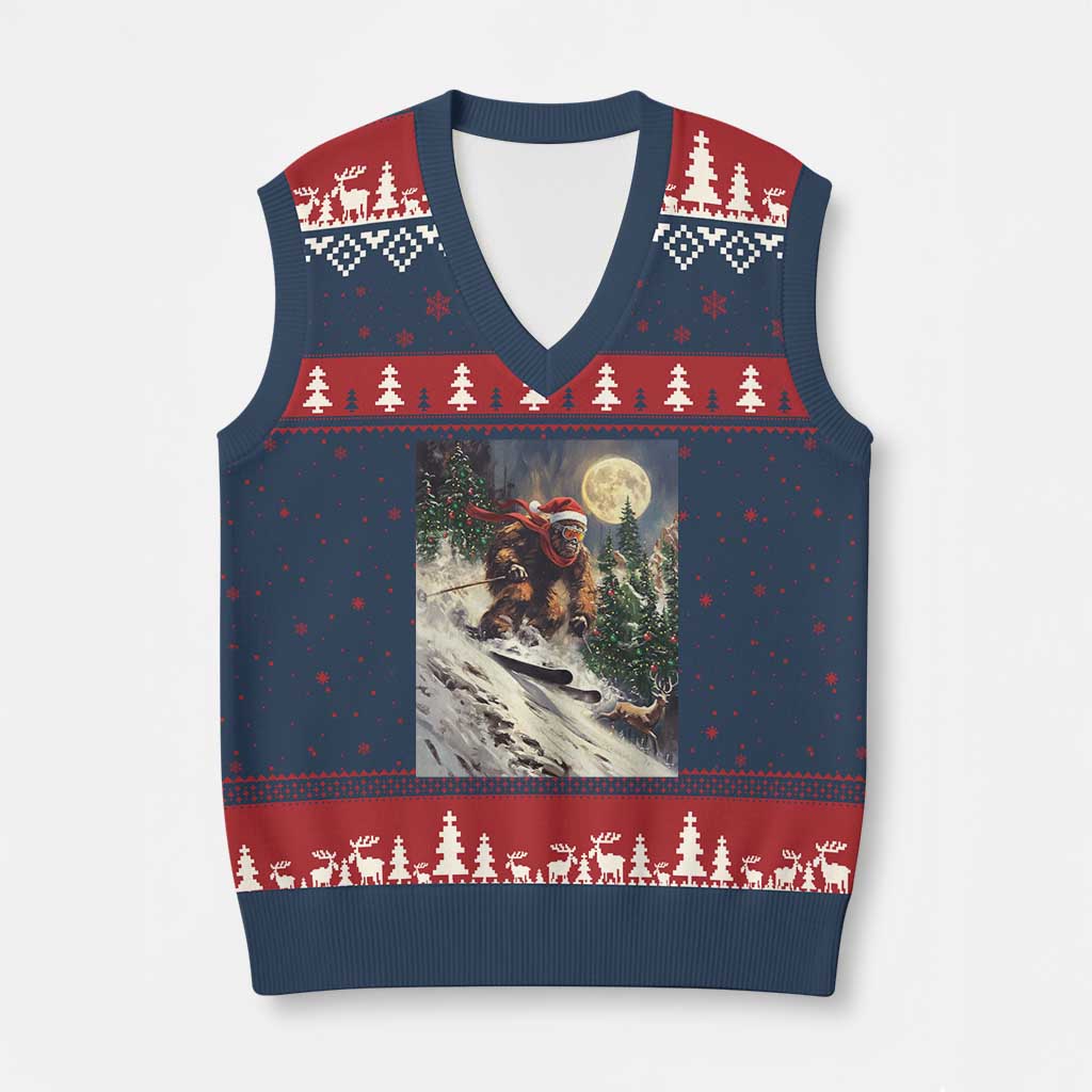Xmas Bigfoot Skiing V-Neck Knit Sweater Vest Funny Santa Sasquatch Snowboard Ski Lover Skier - Wonder Print Shop