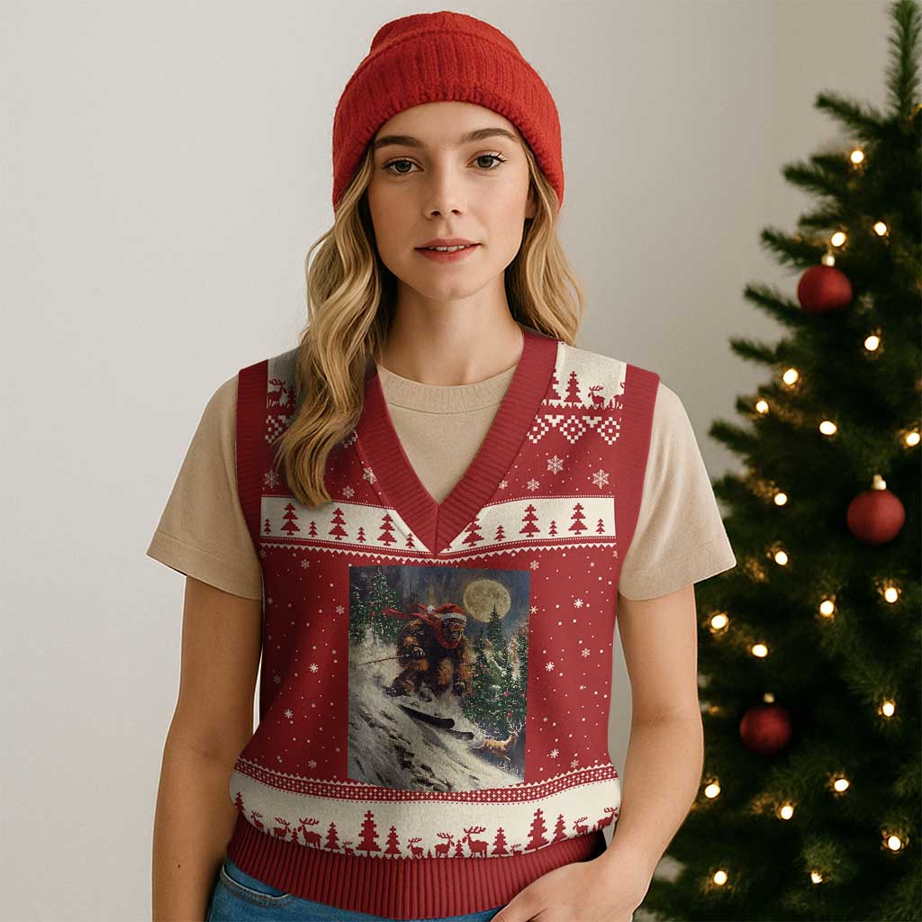 Xmas Bigfoot Skiing V-Neck Knit Sweater Vest Funny Santa Sasquatch Snowboard Ski Lover Skier - Wonder Print Shop