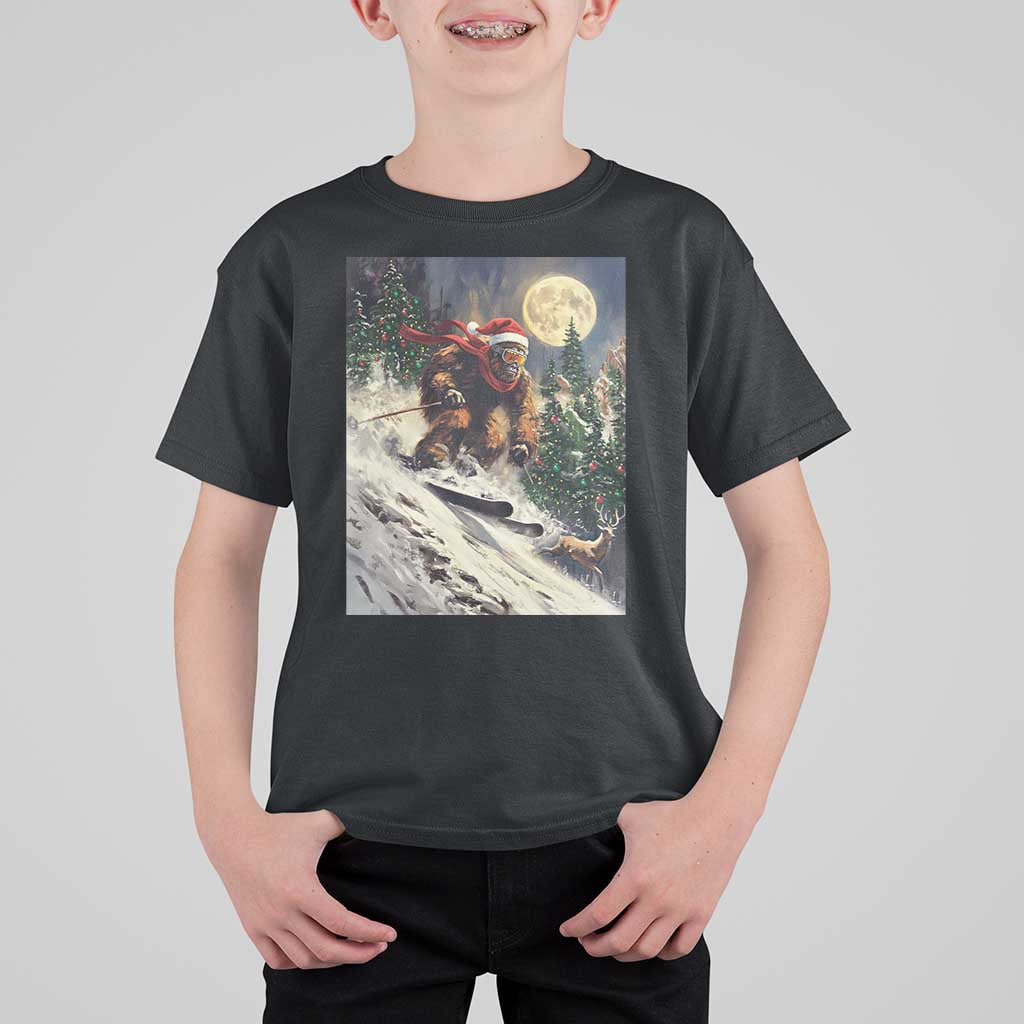 Christmas Bigfoot Skiing T Shirt For Kid Funny Santa Sasquatch Snowboard Ski Lover Skier - Wonder Print Shop