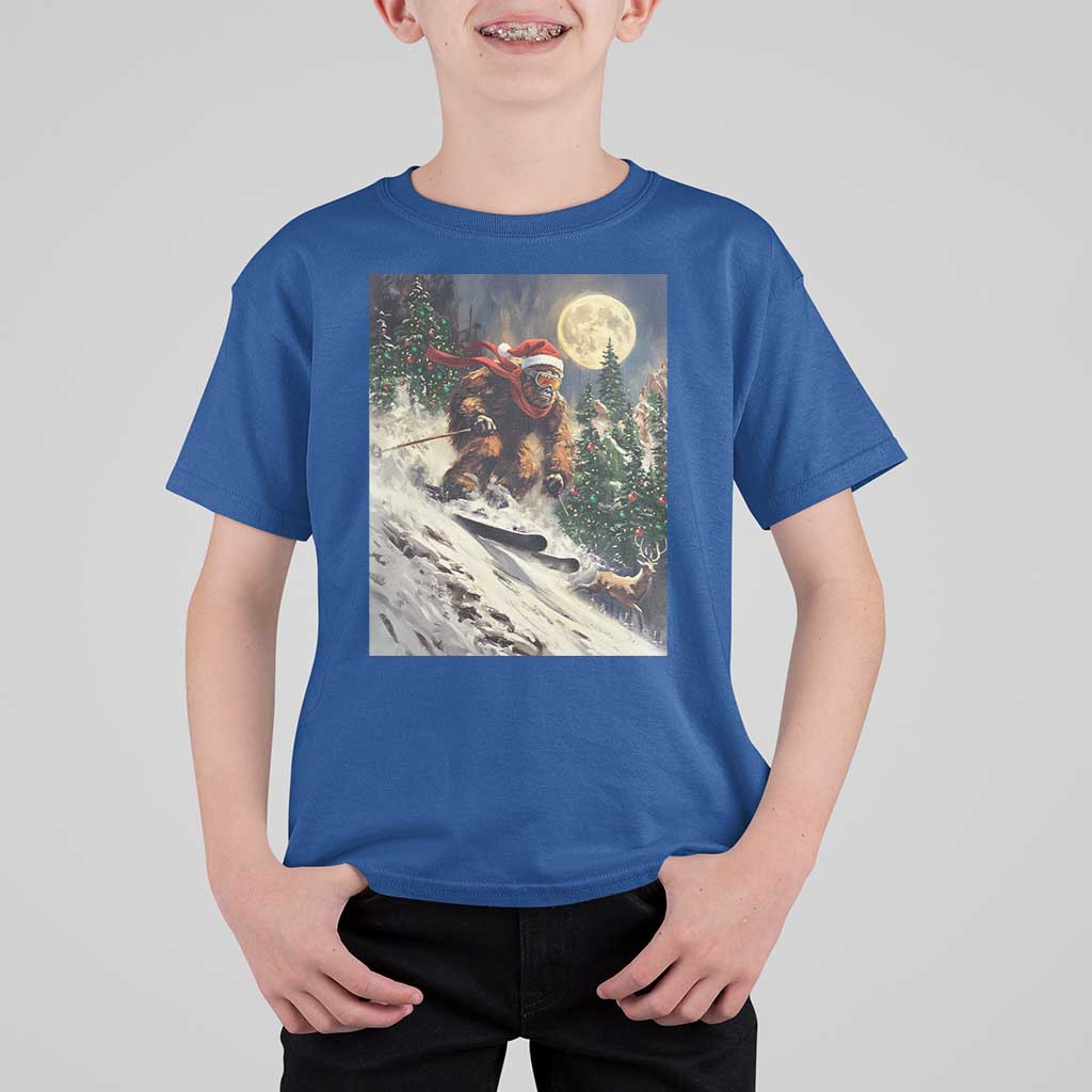Christmas Bigfoot Skiing T Shirt For Kid Funny Santa Sasquatch Snowboard Ski Lover Skier - Wonder Print Shop