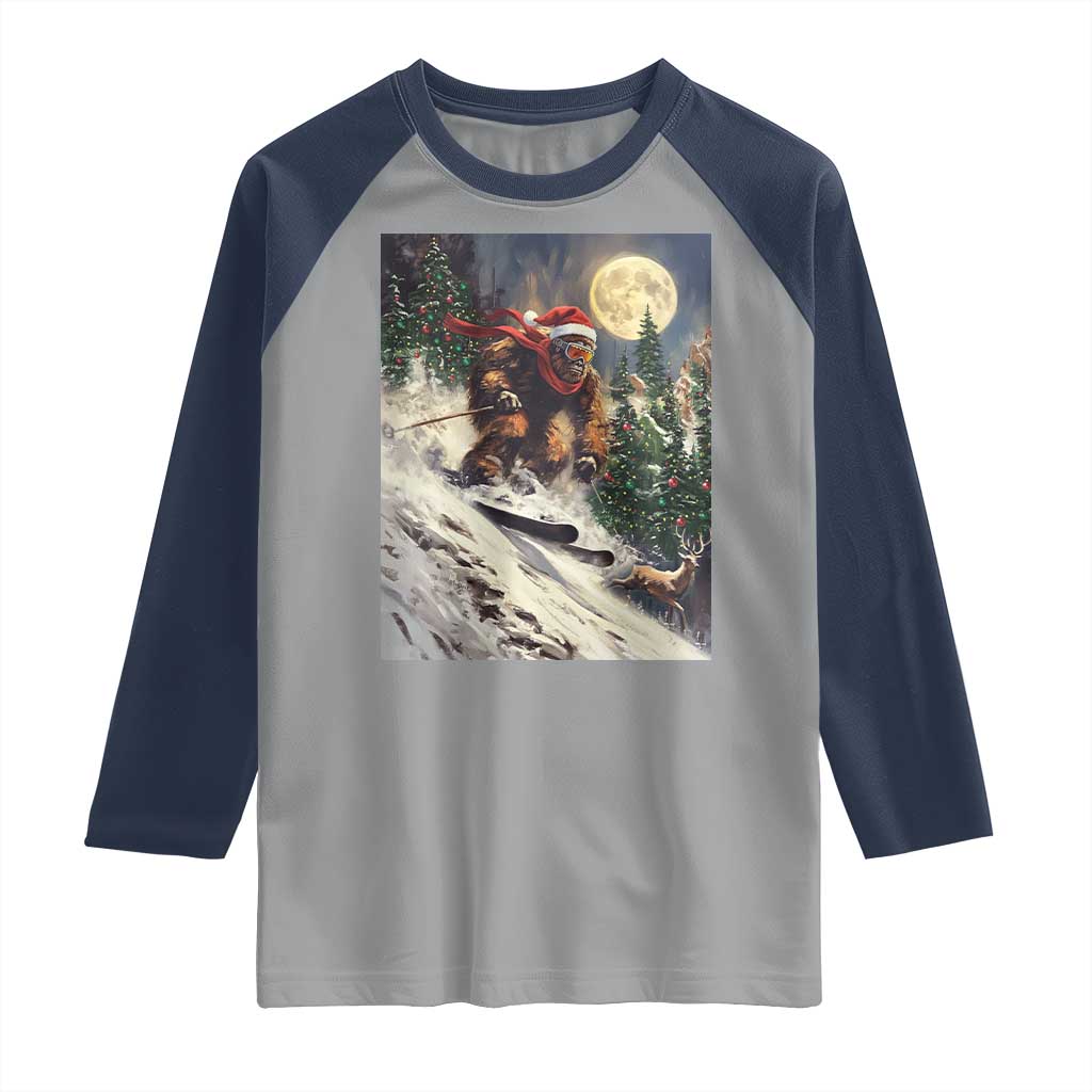 Christmas Bigfoot Skiing Raglan Shirt Funny Santa Sasquatch Snowboard Ski Lover Skier - Wonder Print Shop