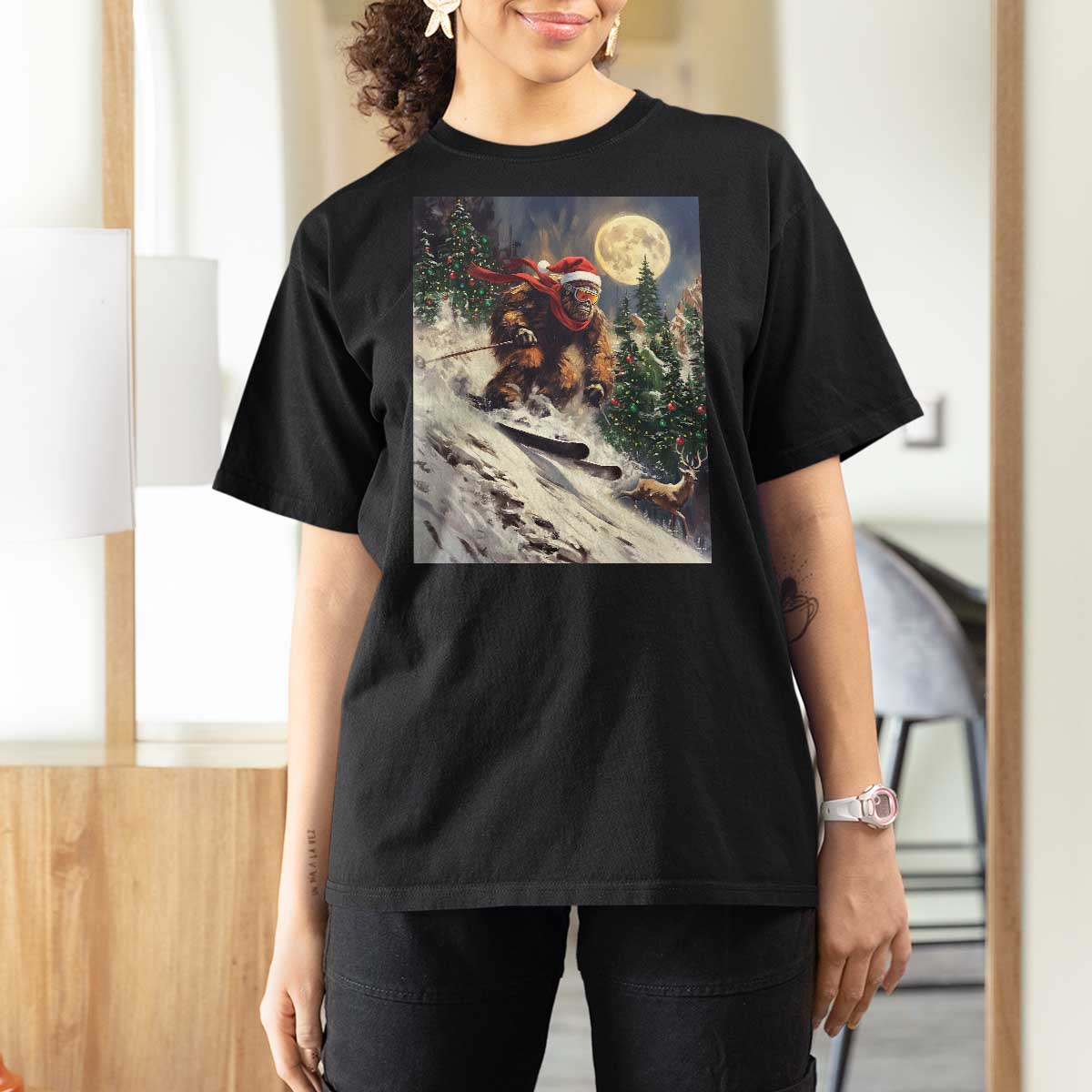 Christmas Bigfoot Skiing T Shirt For Women Funny Santa Sasquatch Snowboard Ski Lover Skier - Wonder Print Shop