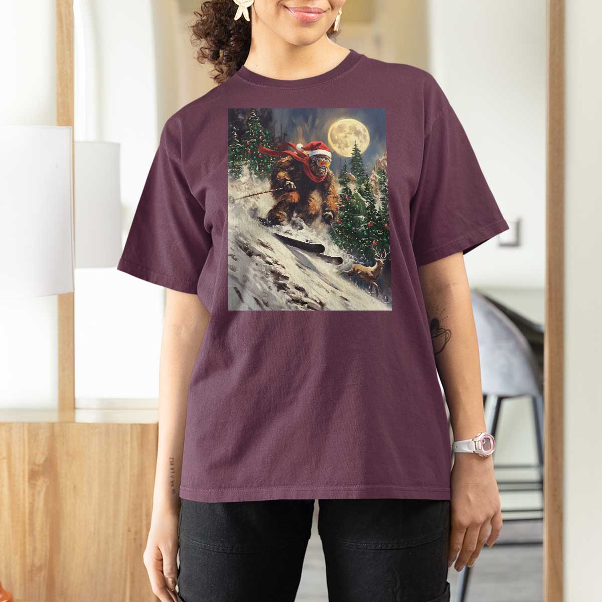 Christmas Bigfoot Skiing T Shirt For Women Funny Santa Sasquatch Snowboard Ski Lover Skier - Wonder Print Shop